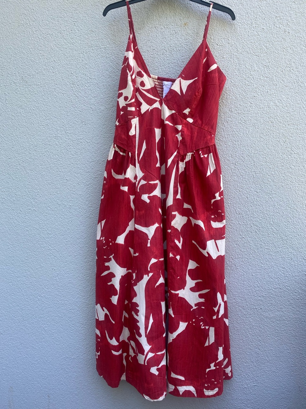 Japna Cotton Smocked Rust Red & ecru floral V-neck women’s maxi sundress XL